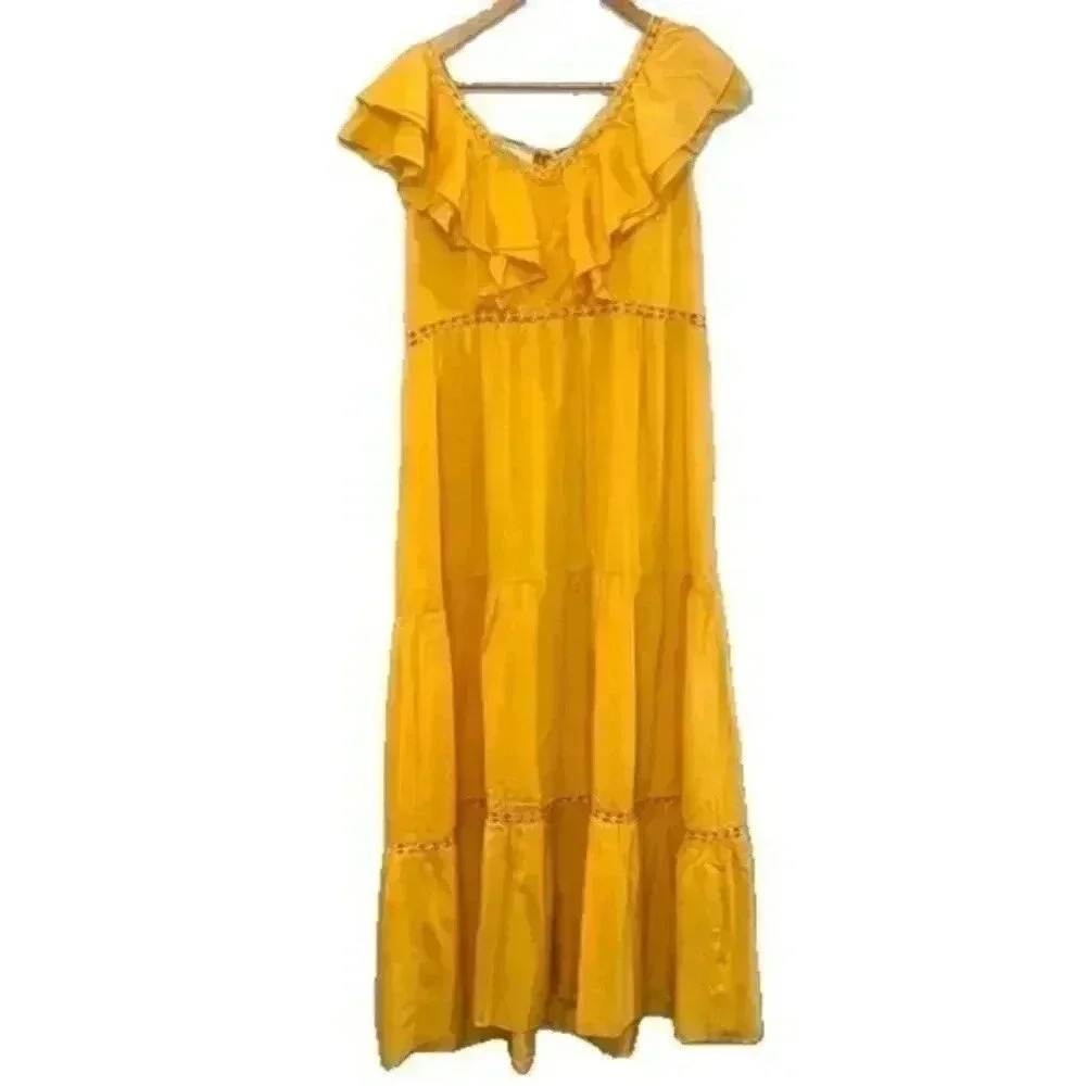 Simplee Apparel Yellow Dress V Front & Tassel Tie V Back Size Large NWT